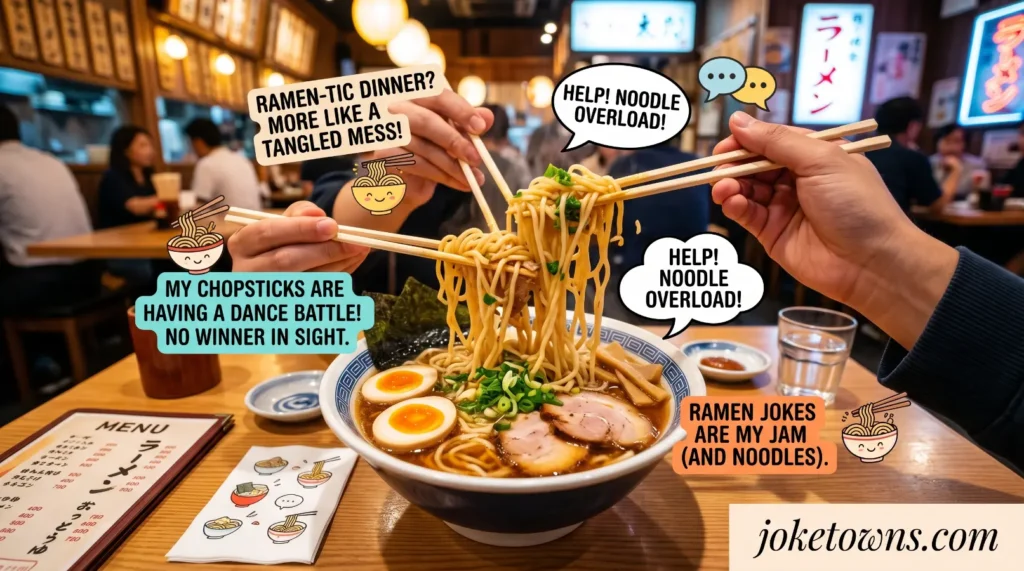 Chopstick Chaos With Playful Ramen Joke Captions