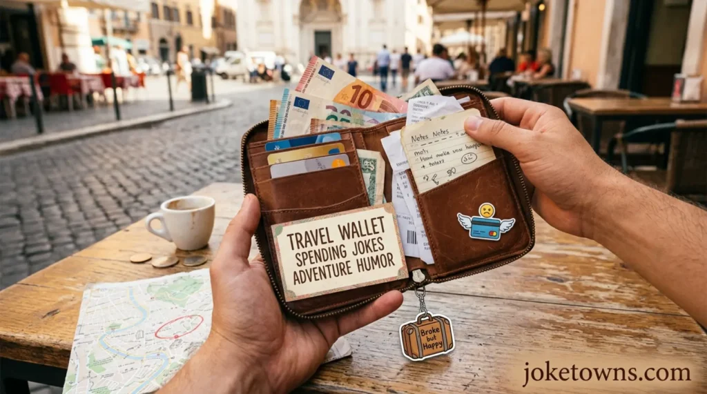 Travel wallet spending jokes adventure humor