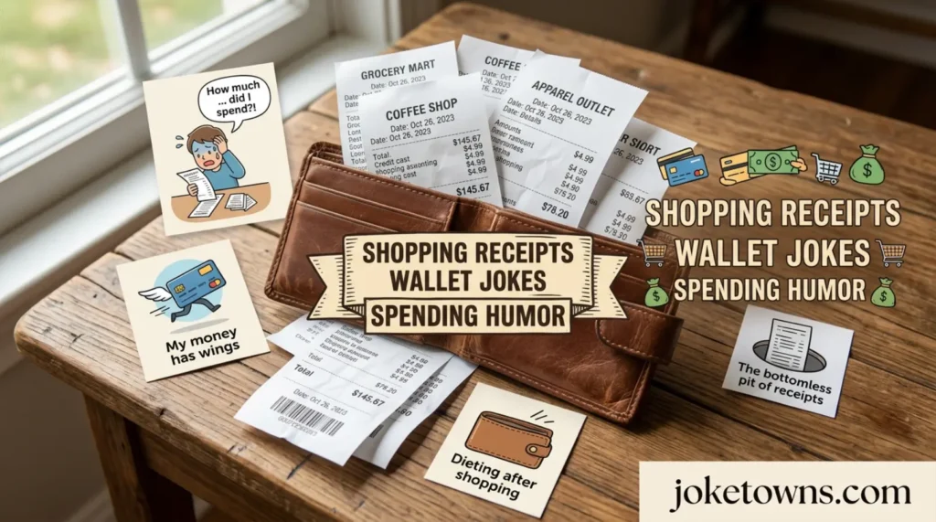Shopping receipts wallet jokes spending humor
